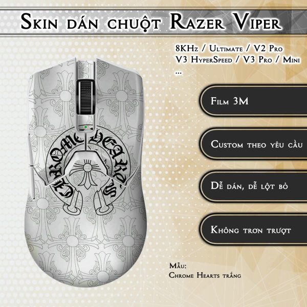 Skin dán chuột Razer Viper mẫu Chrome Hearts trắng