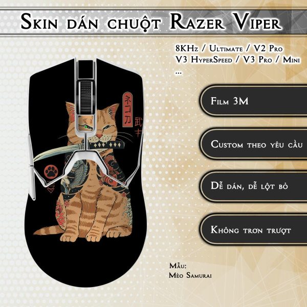 Skin dán chuột Razer Viper mẫu Mèo Samurai