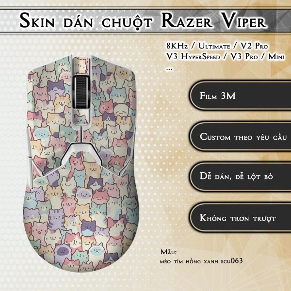 Skin dán chuột Razer Viper mẫu mèo tím hồng xanh scu063