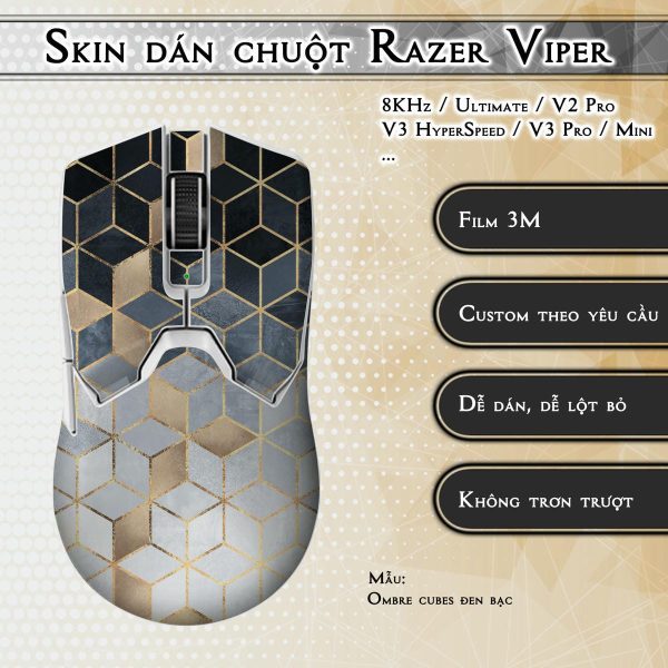 Skin dán chuột Razer Viper mẫu Ombre cubes đen bạc