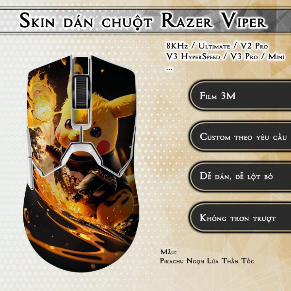 Skin dán chuột Razer Viper mẫu Pikachu Ngọn Lửa Thần Tốc