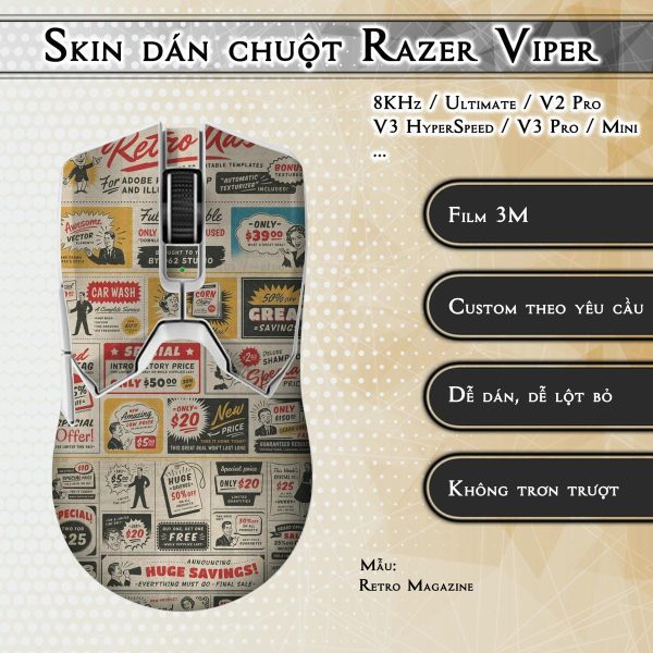 Skin dán chuột Razer Viper mẫu Retro Magazine