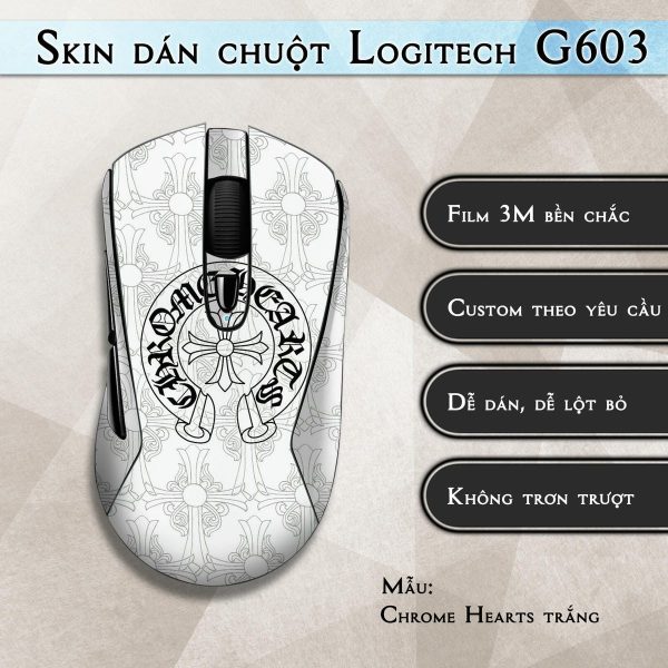 Skin dán chuột Logitech G603 mẫu Chrome Hearts trắng