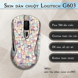 Skin dán chuột Logitech G603 mẫu mèo tím hồng xanh scu063