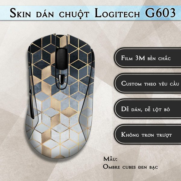 Skin dán chuột Logitech G603 mẫu Ombre cubes đen bạc