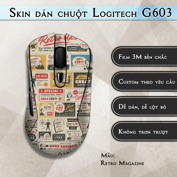 Skin dán chuột Logitech G603 mẫu Retro Magazine