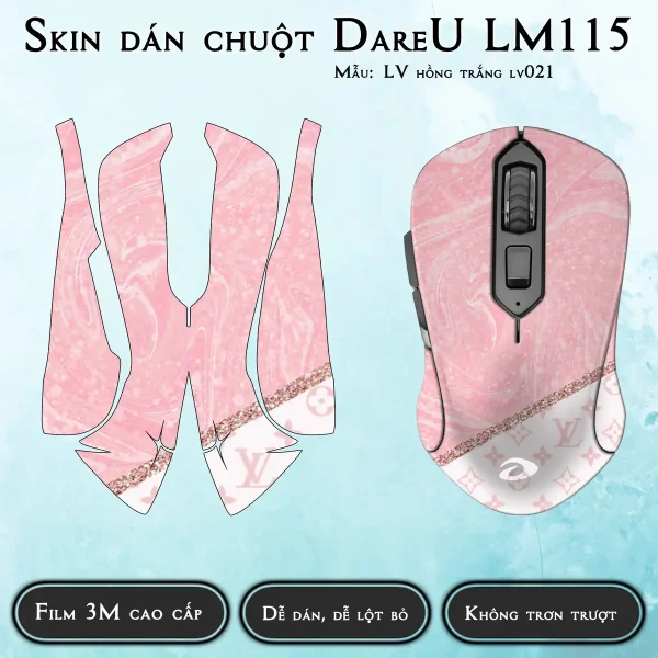 Skin dán chuột Dareu LM115 mẫu LV hồng trắng lv021
