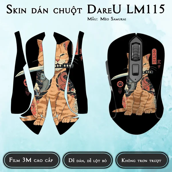 Skin dán chuột Dareu LM115 mẫu Mèo Samurai
