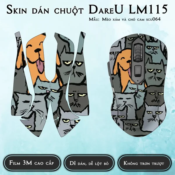 Skin dán chuột Dareu LM115 mẫu Mèo xám và chó cam scu064