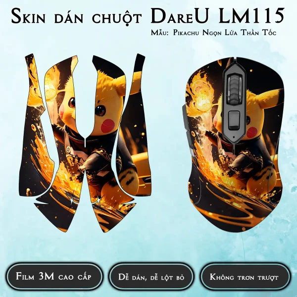 Skin dán chuột Dareu LM115 mẫu Pikachu Ngọn Lửa Thần Tốc