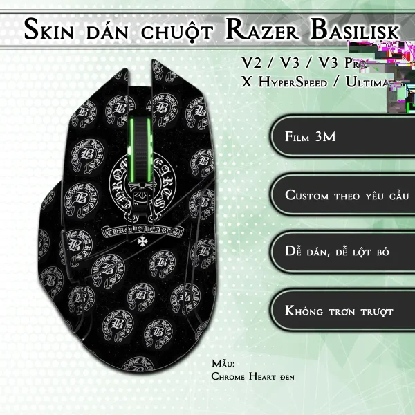 Skin dán chuột Razer Basilisk mẫu Chrome Heart đen