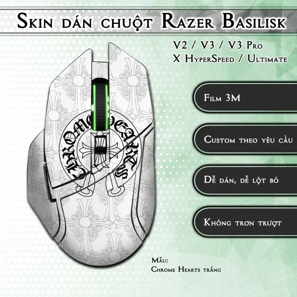 Skin dán chuột Razer Basilisk mẫu Chrome Hearts trắng