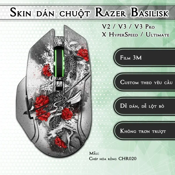 Skin dán chuột Razer Basilisk mẫu Chép hóa rồng CHR020