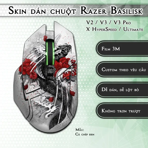 Skin dán chuột Razer Basilisk mẫu Cá chép đen