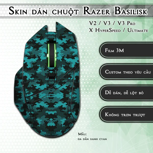 Skin dán chuột Razer Basilisk mẫu da dắn xanh cyan