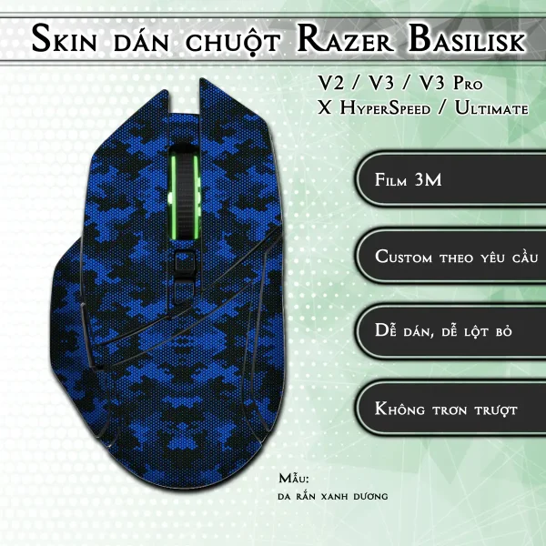 Skin dán chuột Razer Basilisk mẫu da rắn xanh dương