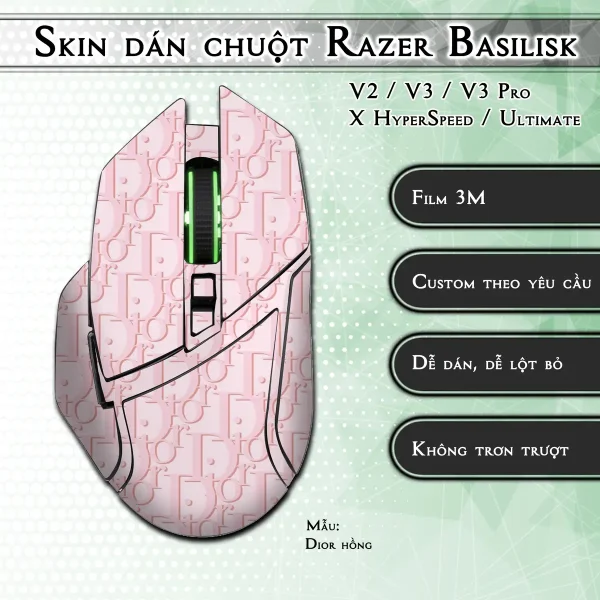 Skin dán chuột Razer Basilisk mẫu Dior hồng