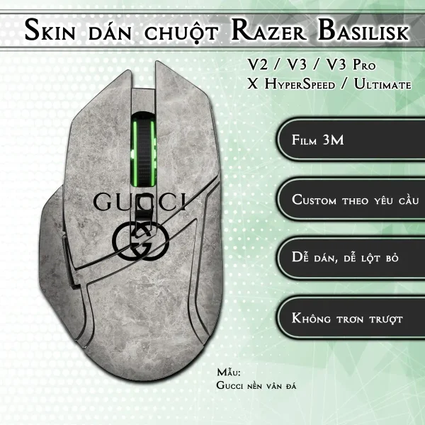 Skin dán chuột Razer Basilisk mẫu Gucci nền vân đá