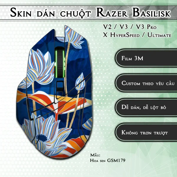 Skin dán chuột Razer Basilisk mẫu Hoa sen GSM179