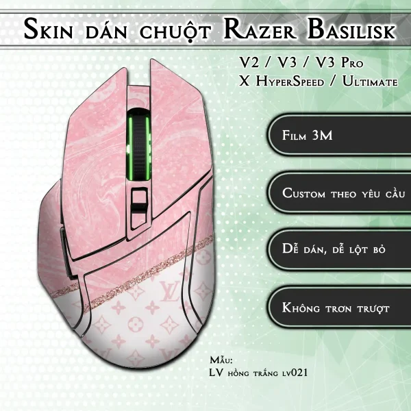 Skin dán chuột Razer Basilisk mẫu LV hồng trắng lv021