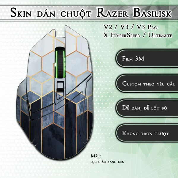 Skin dán chuột Razer Basilisk mẫu lục giác xanh đen