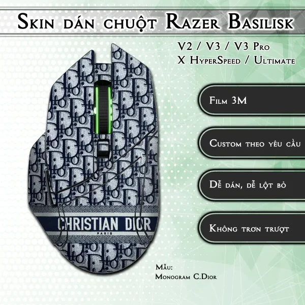Skin dán chuột Razer Basilisk mẫu Monogram Dior