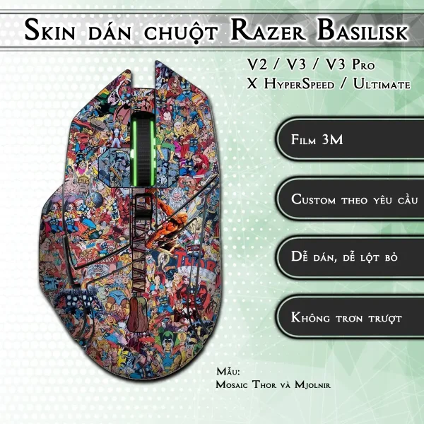 Skin dán chuột Razer Basilisk mẫu Mosaic Thor và Mjolnir
