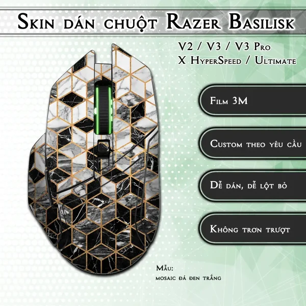 Skin dán chuột Razer Basilisk mẫu mosaic đá đen trắng