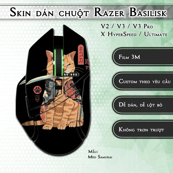 Skin dán chuột Razer Basilisk mẫu Mèo Samurai