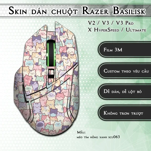 Skin dán chuột Razer Basilisk mẫu mèo tím hồng xanh scu063
