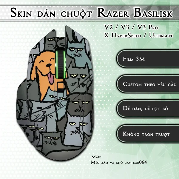 Skin dán chuột Razer Basilisk mẫu Mèo xám và chó cam scu064