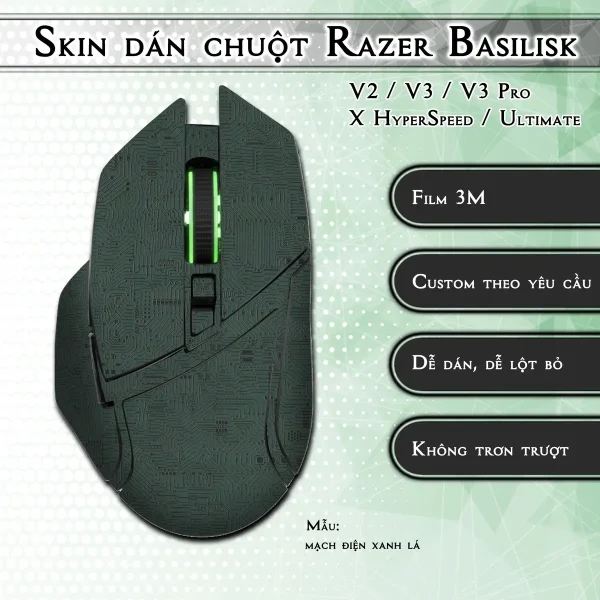 Skin dán chuột Razer Basilisk mẫu mạch điện xanh lá