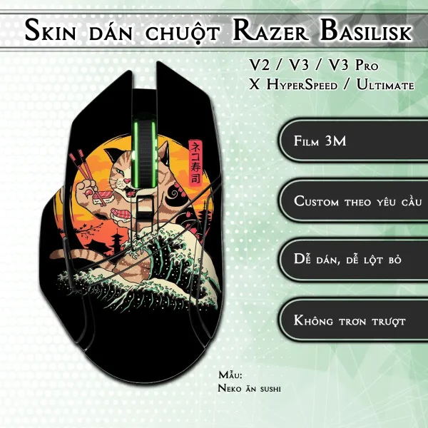 Skin dán chuột Razer Basilisk mẫu Neko ăn sushi