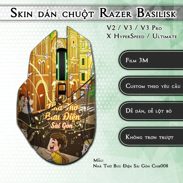 Skin dán chuột Razer Basilisk mẫu Nhà Thờ Bưu Điện Sài Gòn Chib008
