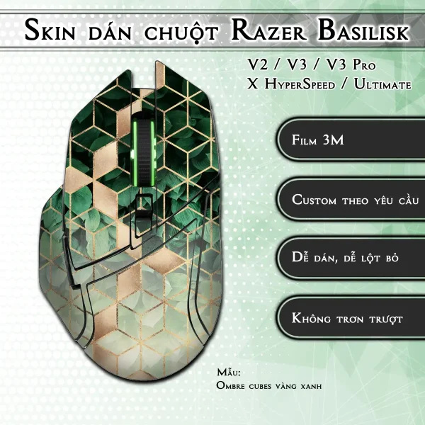 Skin dán chuột Razer Basilisk mẫu Ombre cubes vàng xanh