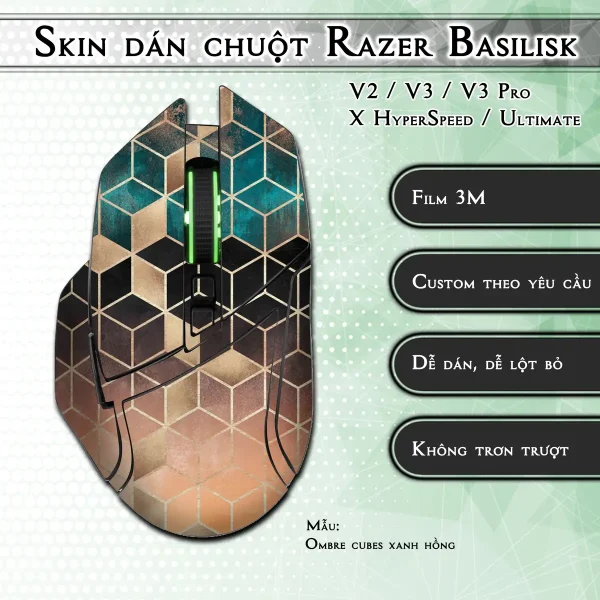 Skin dán chuột Razer Basilisk mẫu Ombre cubes xanh hồng