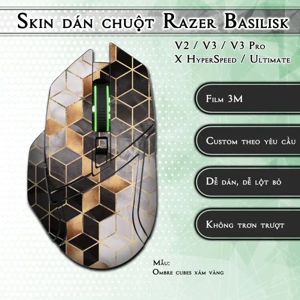 Skin dán chuột Razer Basilisk mẫu Ombre cubes xám vàng