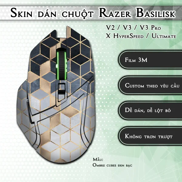 Skin dán chuột Razer Basilisk mẫu Ombre cubes đen bạc
