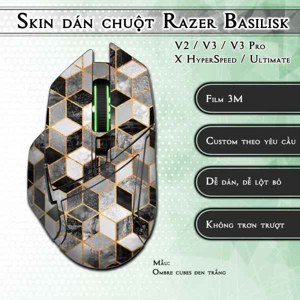 Skin dán chuột Razer Basilisk mẫu Ombre cubes đen trắng