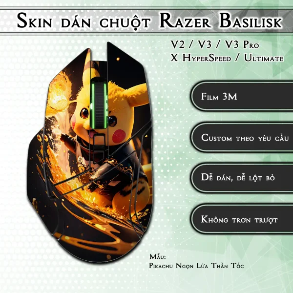 Skin dán chuột Razer Basilisk mẫu Pikachu Ngọn Lửa Thần Tốc