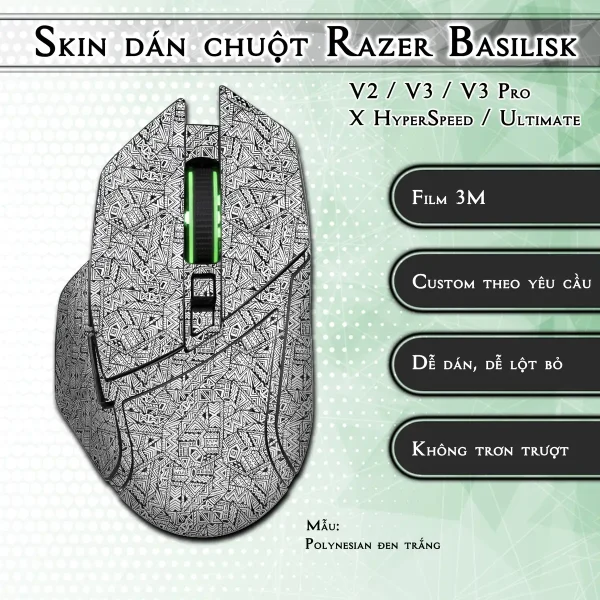 Skin dán chuột Razer Basilisk mẫu Polynesian đen trắng