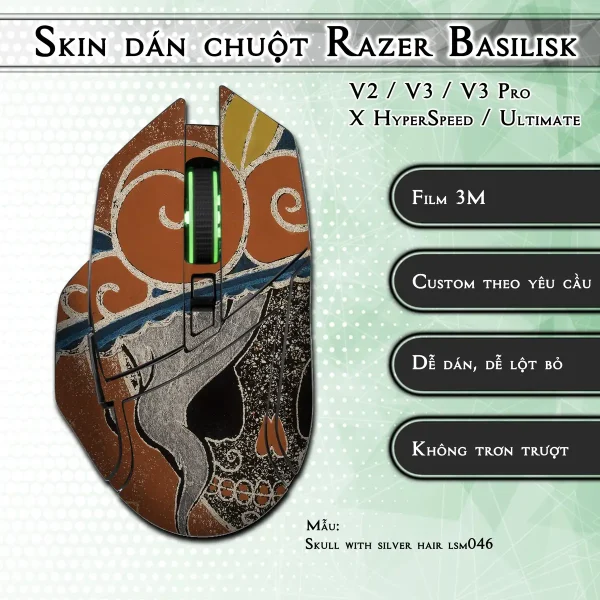Skin dán chuột Razer Basilisk mẫu Skull with silver hair lsm046