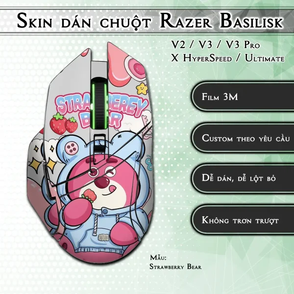Skin dán chuột Razer Basilisk mẫu Strawberry Bear