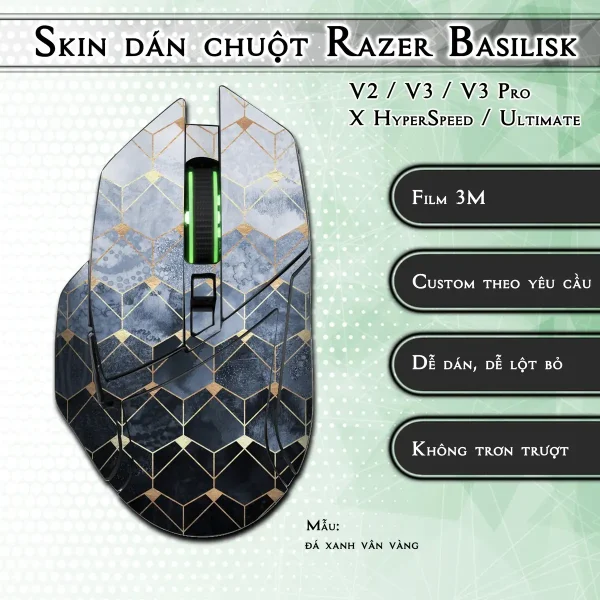 Skin dán chuột Razer Basilisk mẫu đá xanh vân vàng