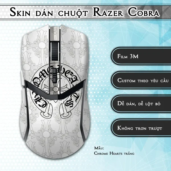 Skin dán chuột Razer Cobra Pro mẫu Chrome Hearts trắng