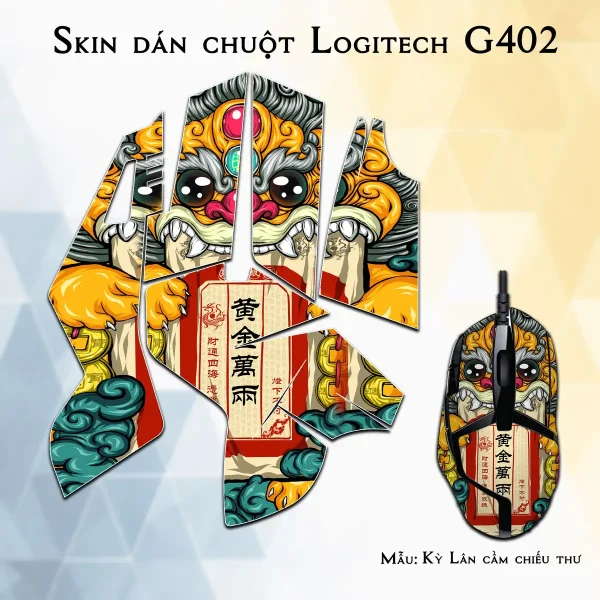 Skin dán chuột Logitech G402 mẫu Kỳ Lân cầm chiếu thư