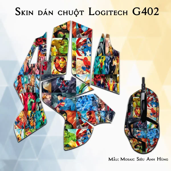 Skin dán chuột Logitech G402 mẫu Mosaic Siêu Anh Hùng