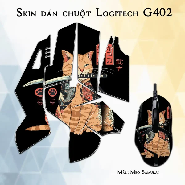 Skin dán chuột Logitech G402 mẫu Mèo Samurai