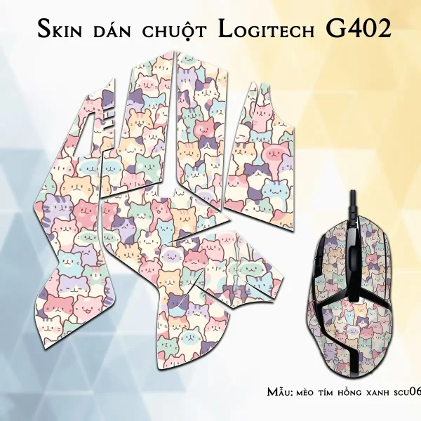 Skin dán chuột Logitech G402 mẫu mèo tím hồng xanh scu063