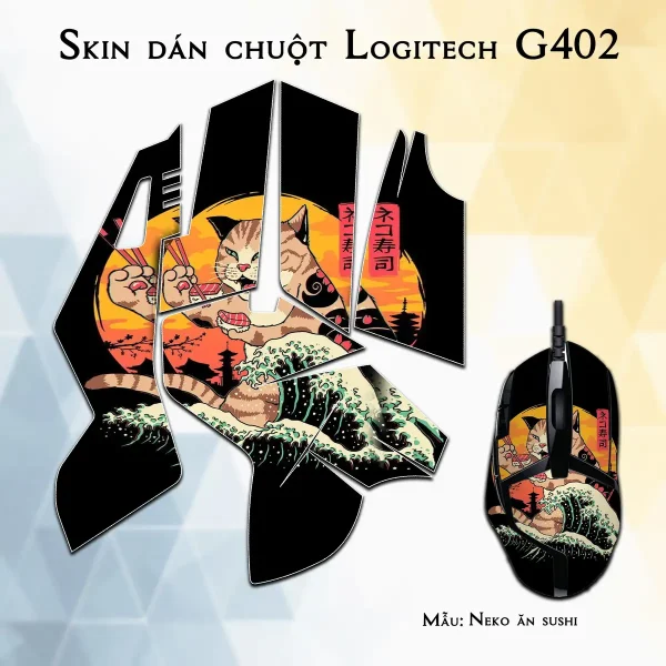 Skin dán chuột Logitech G402 mẫu Neko ăn sushi